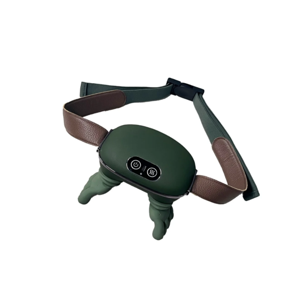 Green shiatsu massage device with brown straps on a white background by daily relief co