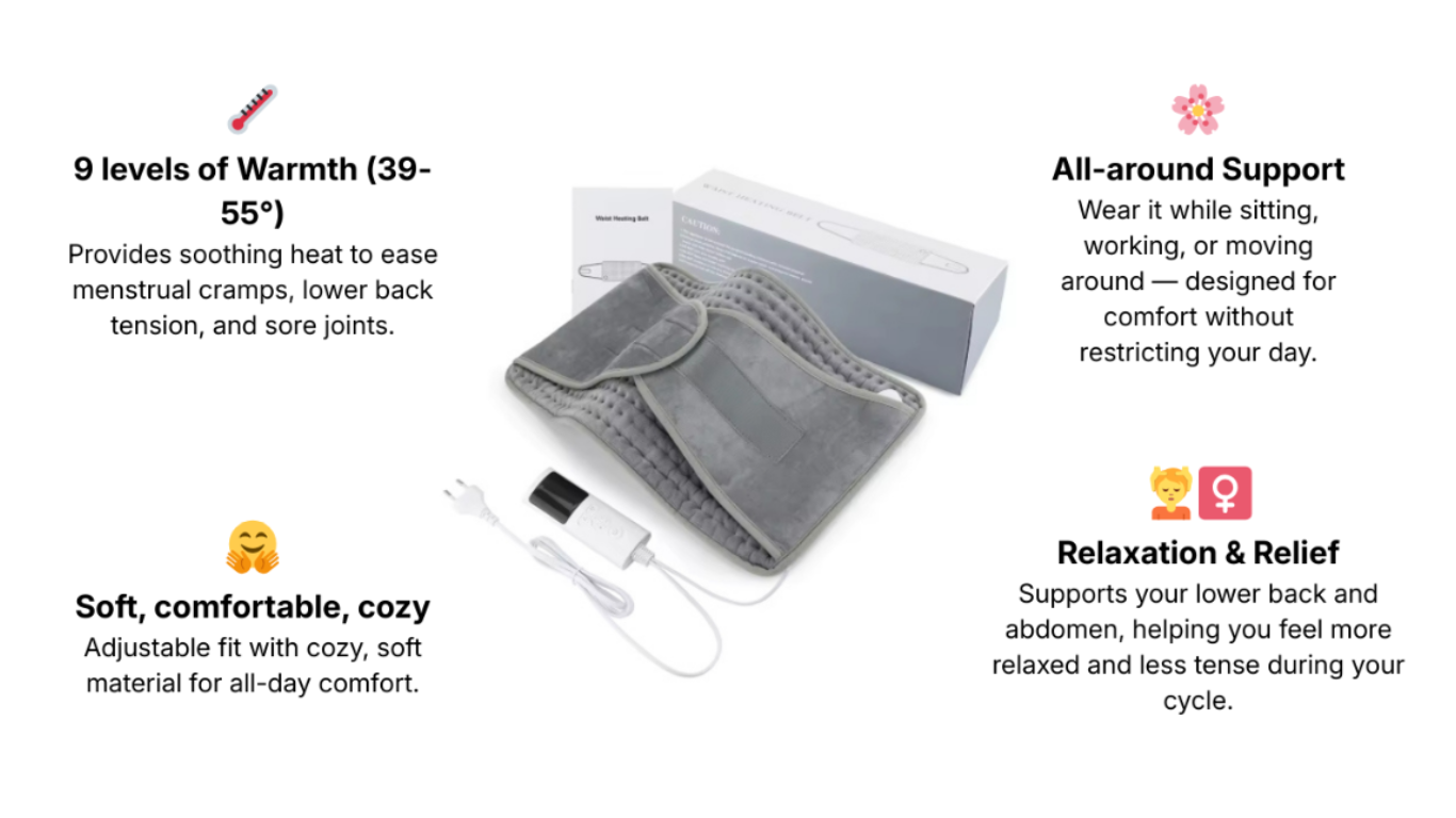 Gray heating pad with USB cable on a white background, featuring text about its features.