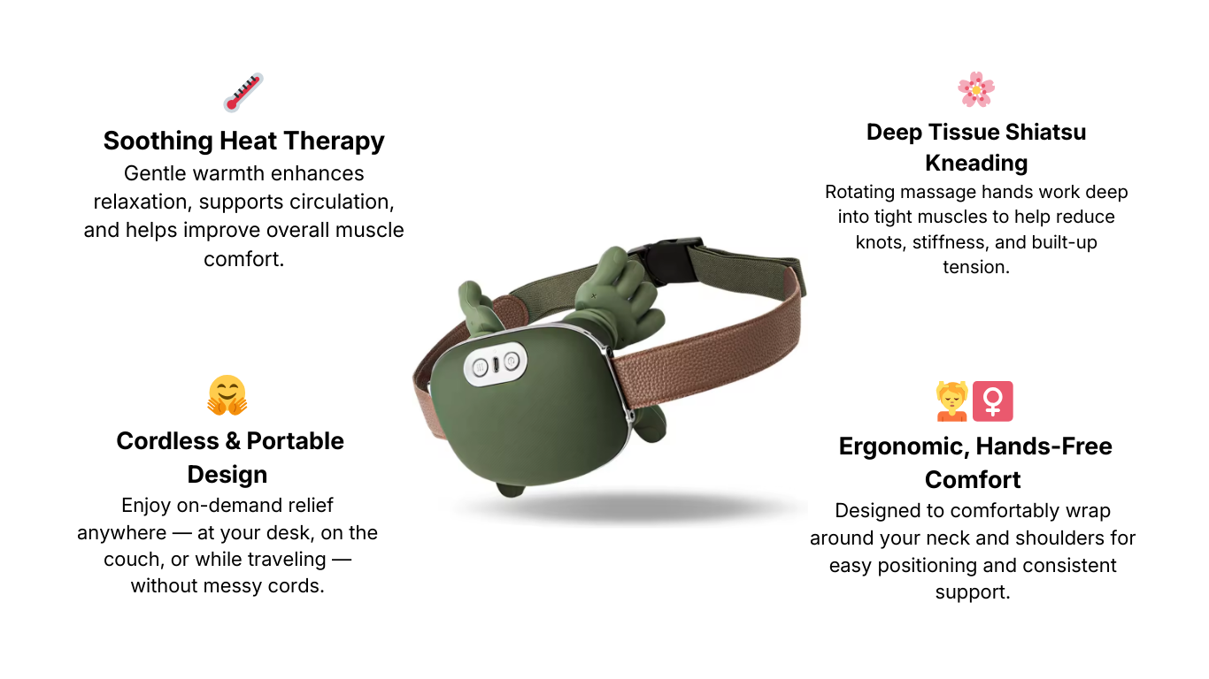 neck pain heated shiatsu Massage device with text describing its features on a white background by daily relief co