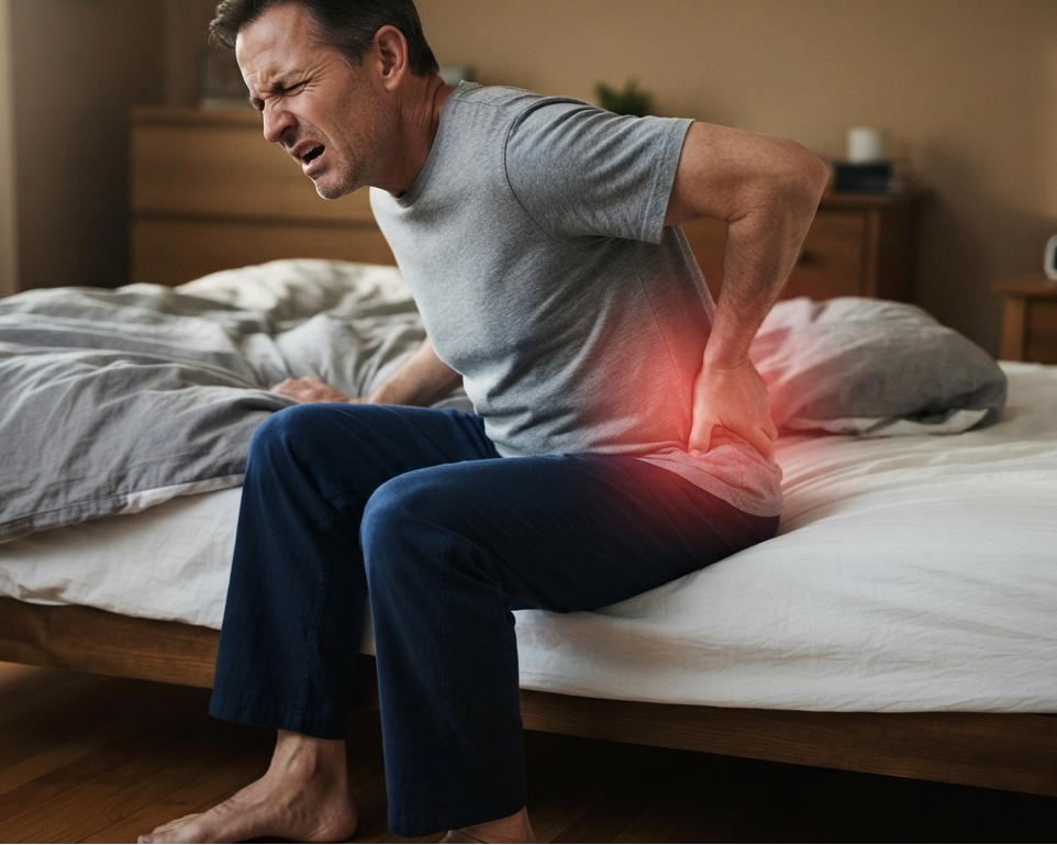 A man in a gray t-shirt and dark blue pajama pants sits on a bed in a bedroom, holding his lower back in pain, with a red glow graphic highlighting the area of discomfort.