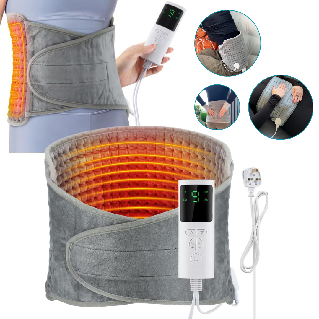 Heating pad with digital controller and images of its usage on a white background