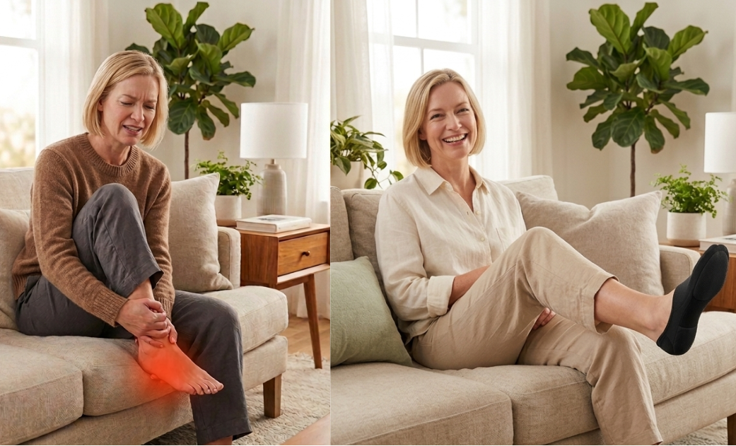 Two women sitting on a couch in a living room with plants and furniture showing  foot pain & plantar relief socks 