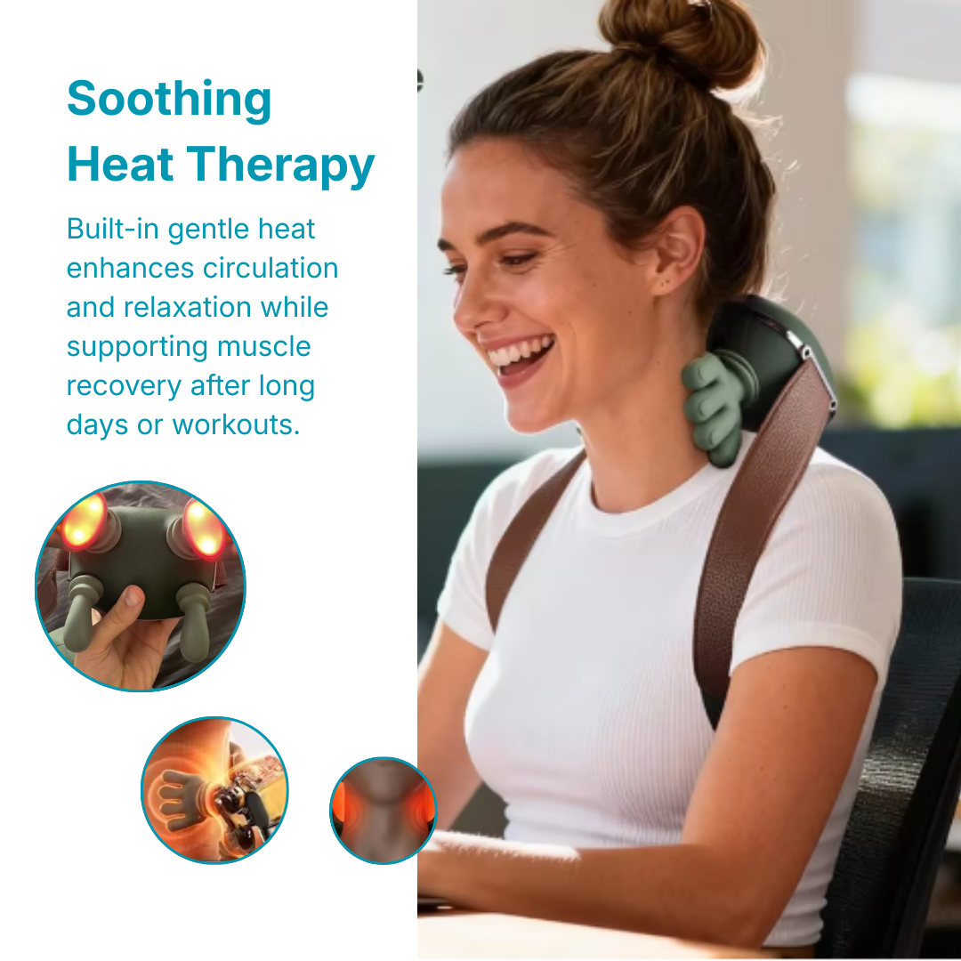 Woman using a neck and shoulder massager with text about soothing heat therapy.