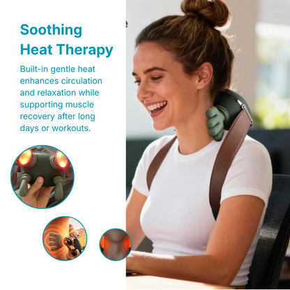 Woman using a neck and shoulder massager with text about soothing heat therapy.
