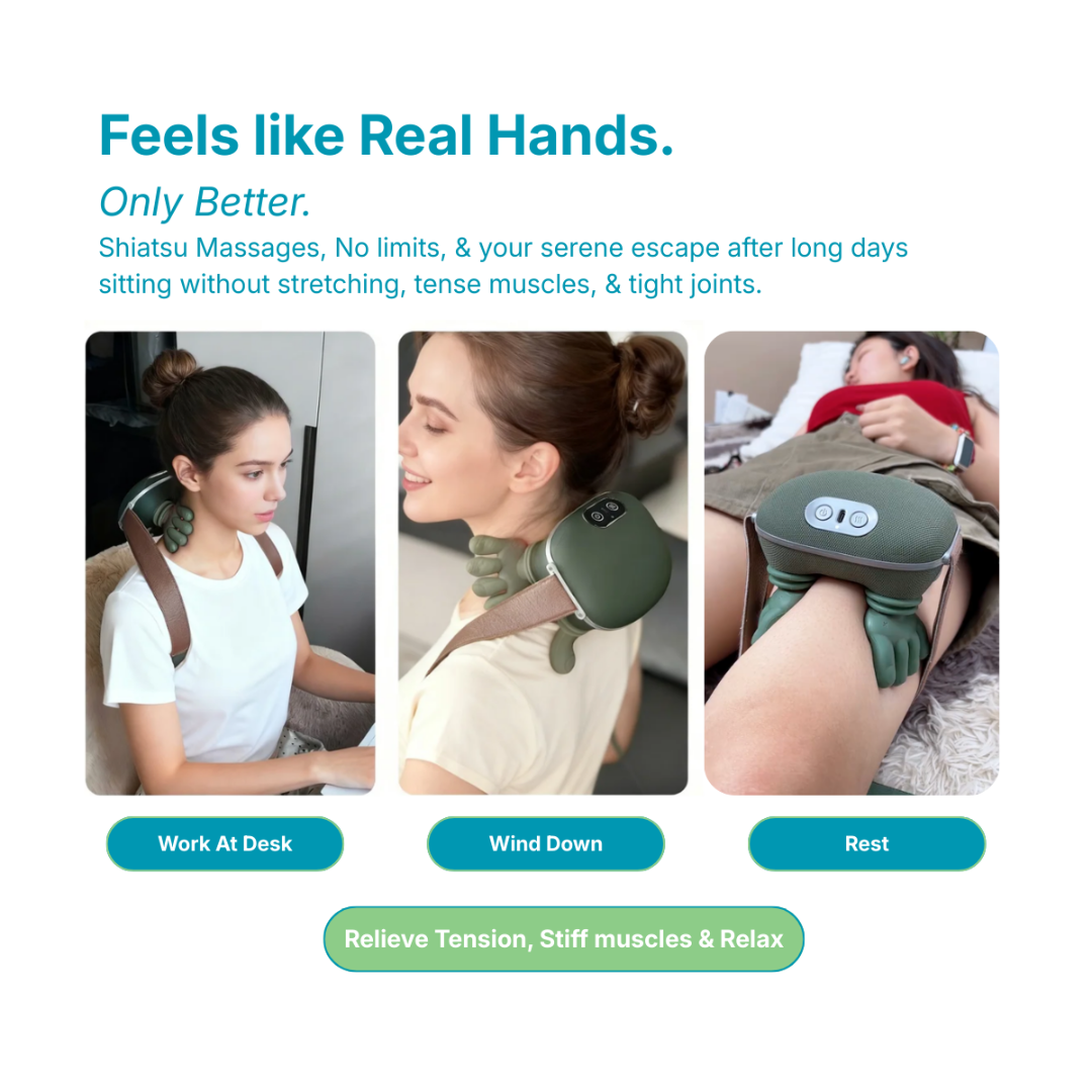 product image for a massage device with text 'Feels like Real Hands. Only Better.' and images of people using the device. by daily relief co