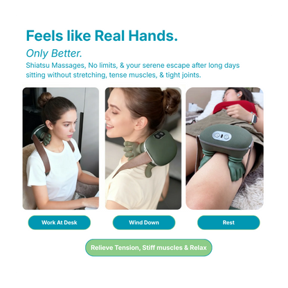 product image for a massage device with text 'Feels like Real Hands. Only Better.' and images of people using the device. by daily relief co