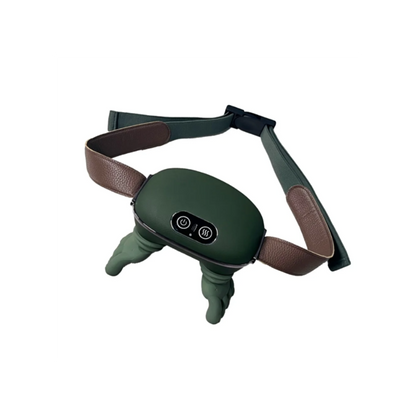 Green shiatsu massage device with brown straps on a white background by daily relief co