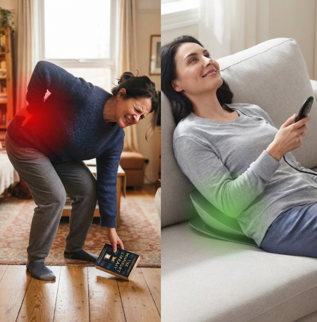 A split-screen lifestyle image showing a woman in a home. On the left, she bends over on a wooden floor, reaching for a book with a red heat-light glow around her lower back indicating pain.