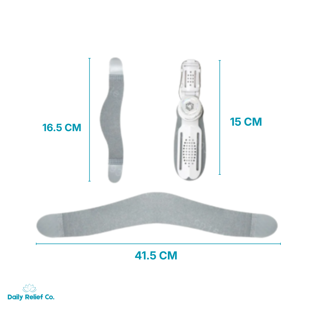 Measurement chart showing dimensions of a medical device and socks with Daily Relief Co. branding.