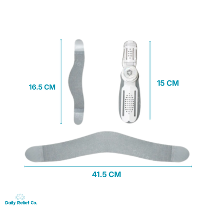 Measurement chart showing dimensions of a medical device and socks with Daily Relief Co. branding.