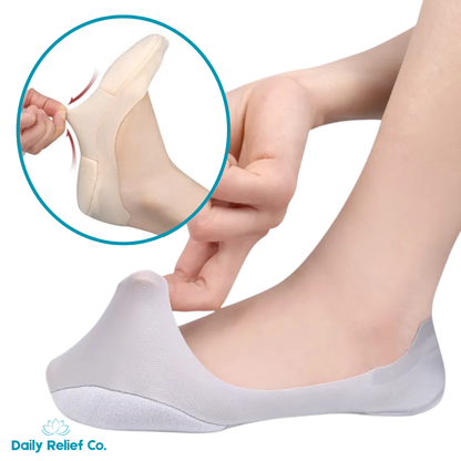 Person wearing  foot pain plantar relief socks  on a white background, featuring 'Daily Relief Co.' brand.
