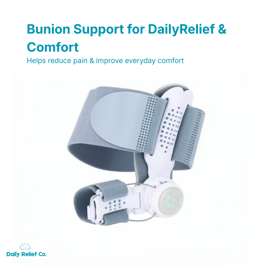 Bunion support device with text on a white background