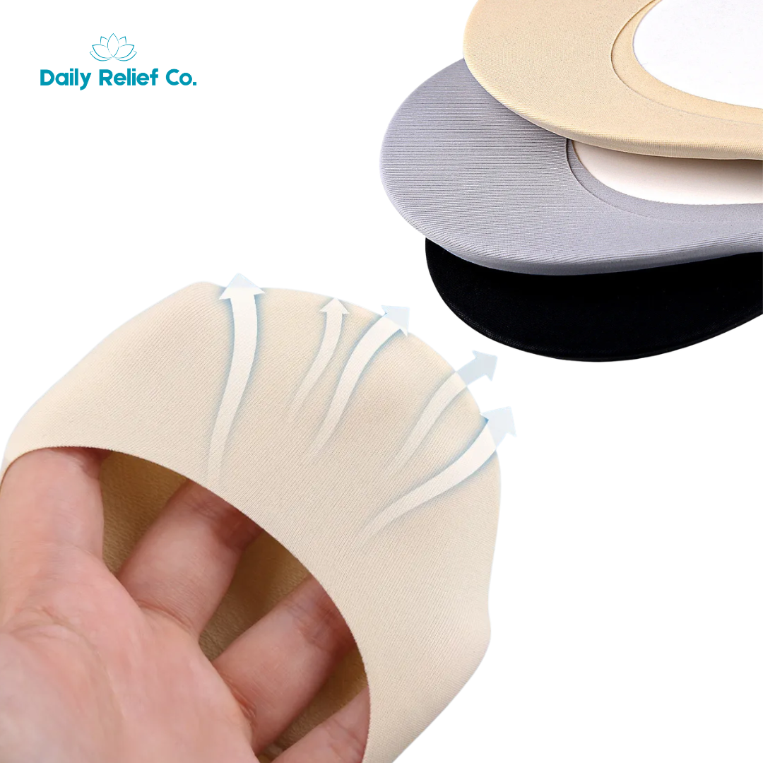 Beige insole with white arch support being held by a hand, with additional insoles in gray and beige on a white background. foot pain plantar relief socks 