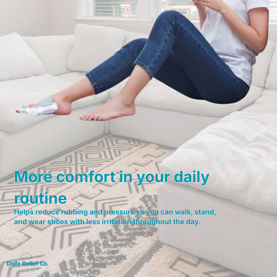 Person sitting on a couch wearing shoe inserts with text about comfort and irritation reduction.