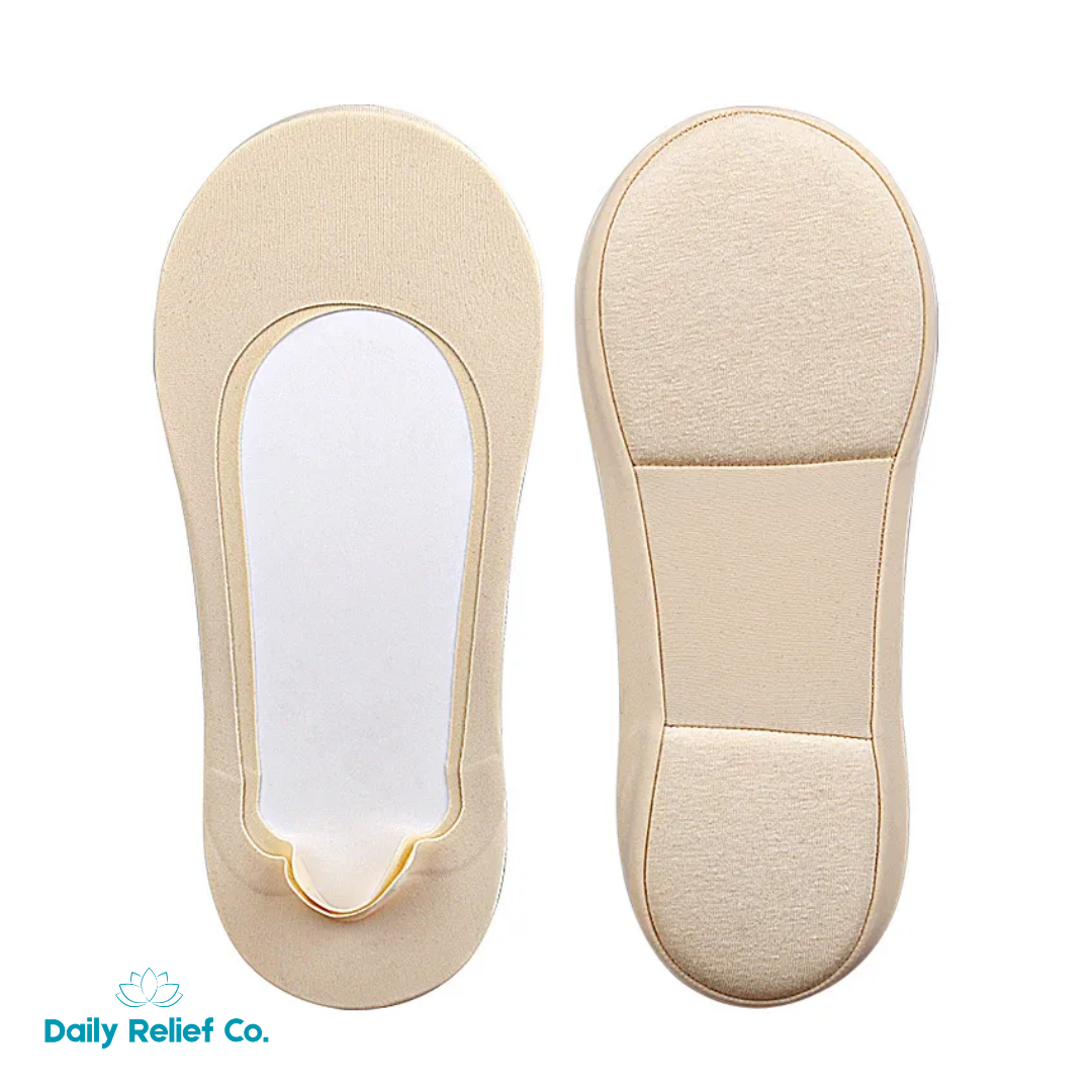 Beige  foot pain plantar relief socks on a white background, branded 'Daily Relief Co'.