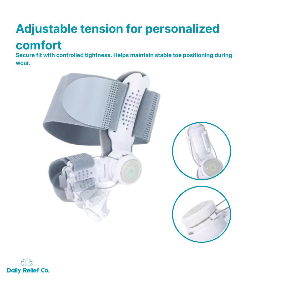 Adjustable tension device for personalized comfort with text and Daily Relief Co. branding.