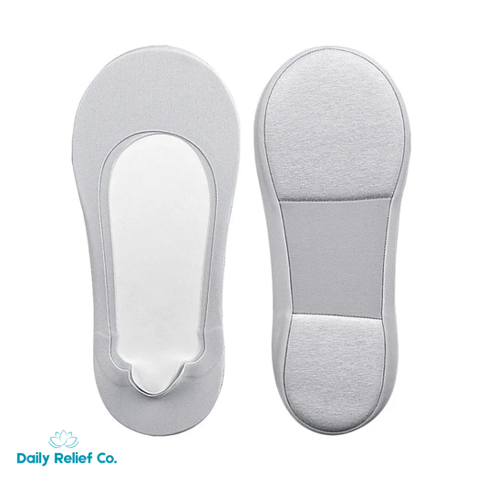 Gray foot pain plantar relief socks on a white background with 'Daily Relief Co.' branding.