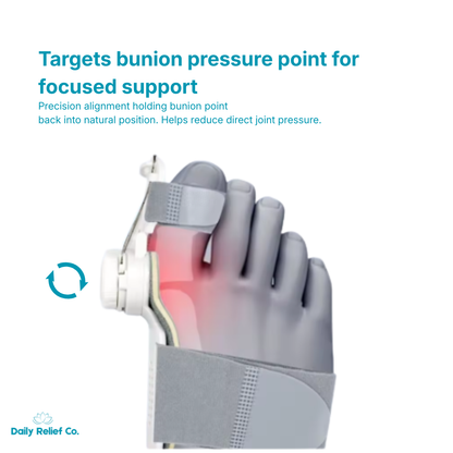 Glove with bunion support device on a white background, featuring text about bunion pressure point support.