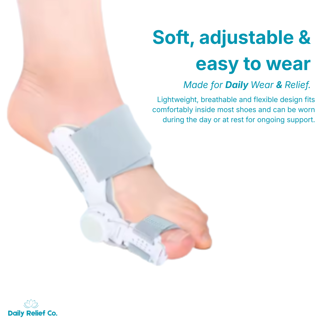 Foot support device with text about comfort and adjustability on a white background