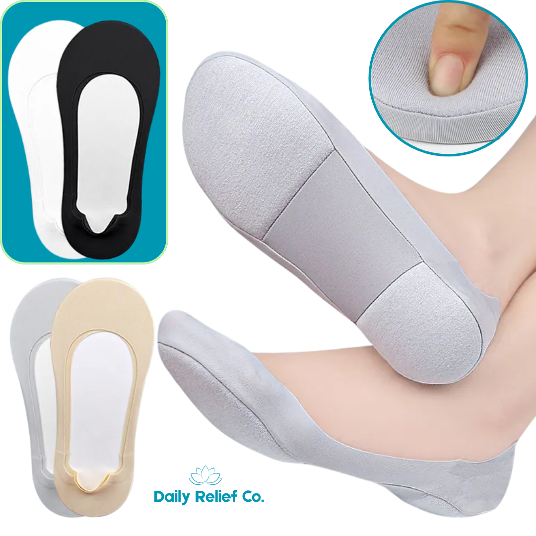 Gray black white & beige  foot pain plantar relief socks  with a close-up of fabric texture, showing Daily Relief Co. branding.