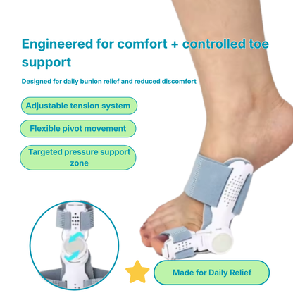Foot support device with text on comfort and control, designed for bunion relief.